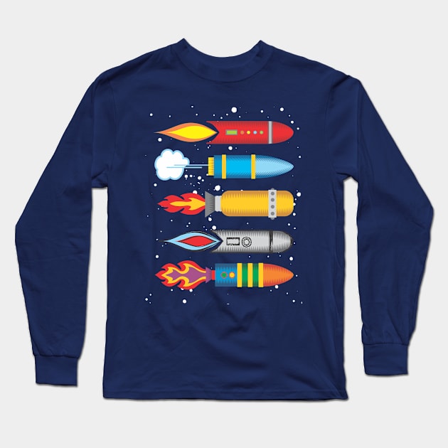 Retro space rockets sci fi science fiction universe Long Sleeve T-Shirt by BigMRanch